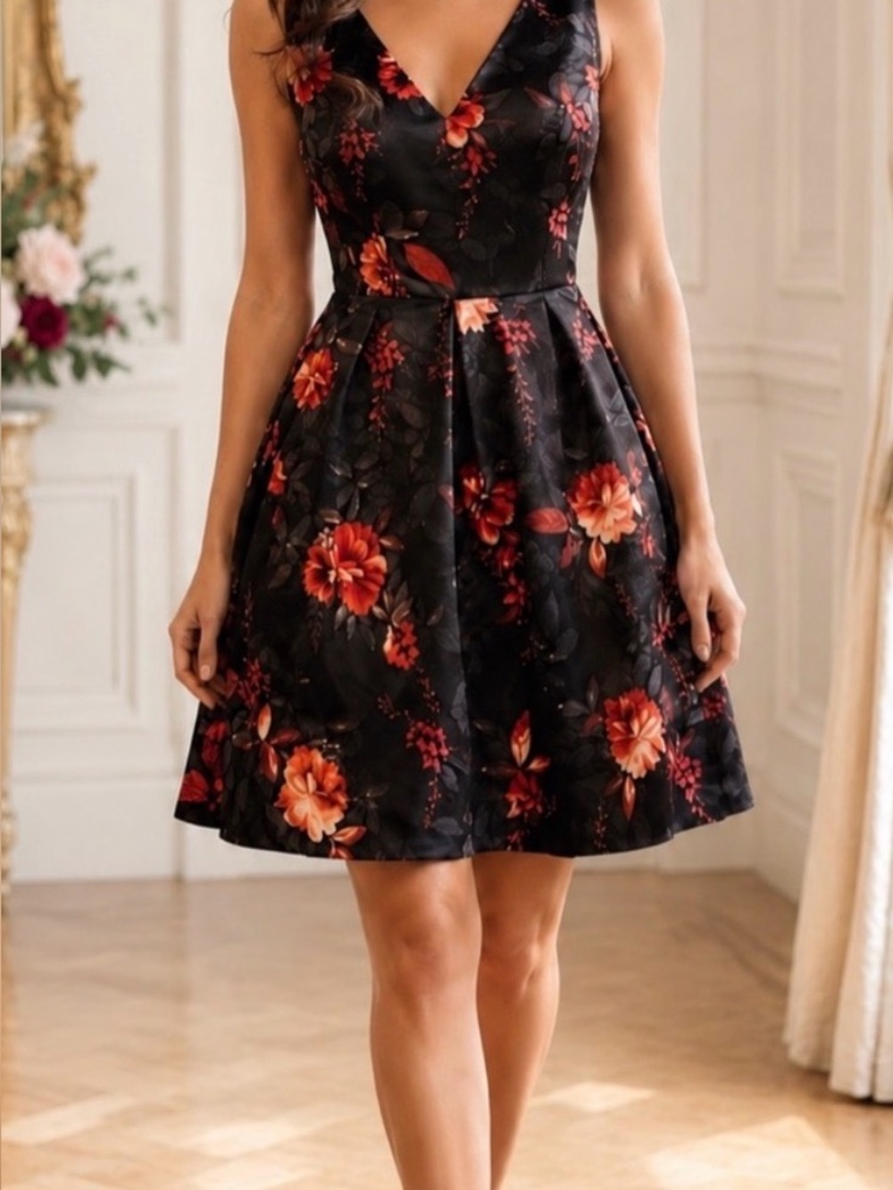 Cynthia Steffe Black Fit & Flare Mini Dress with Red Floral Print